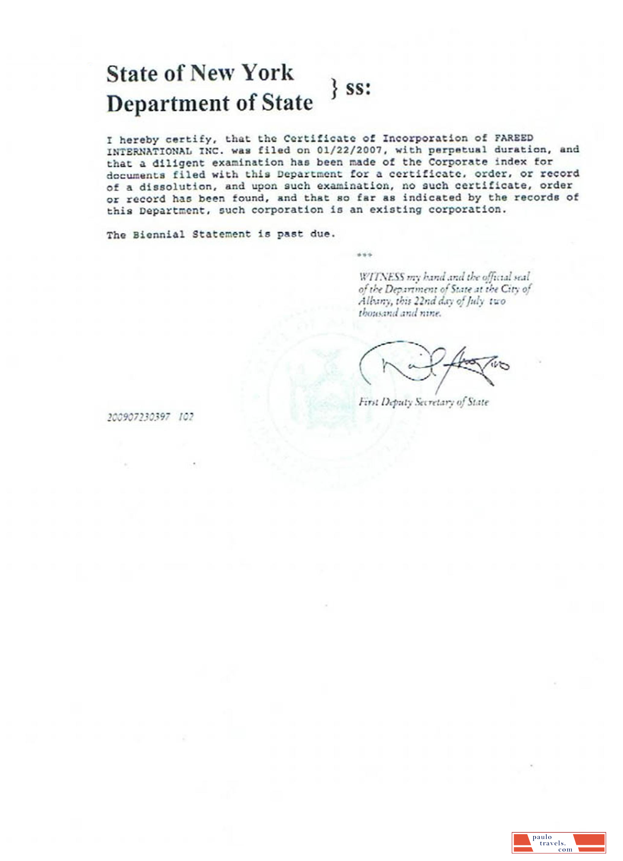 USA New York certificate of good standing